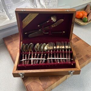 Vintage Bronze Rosewood Flatware Set - Thai Siam Bronzeware - Wood Box